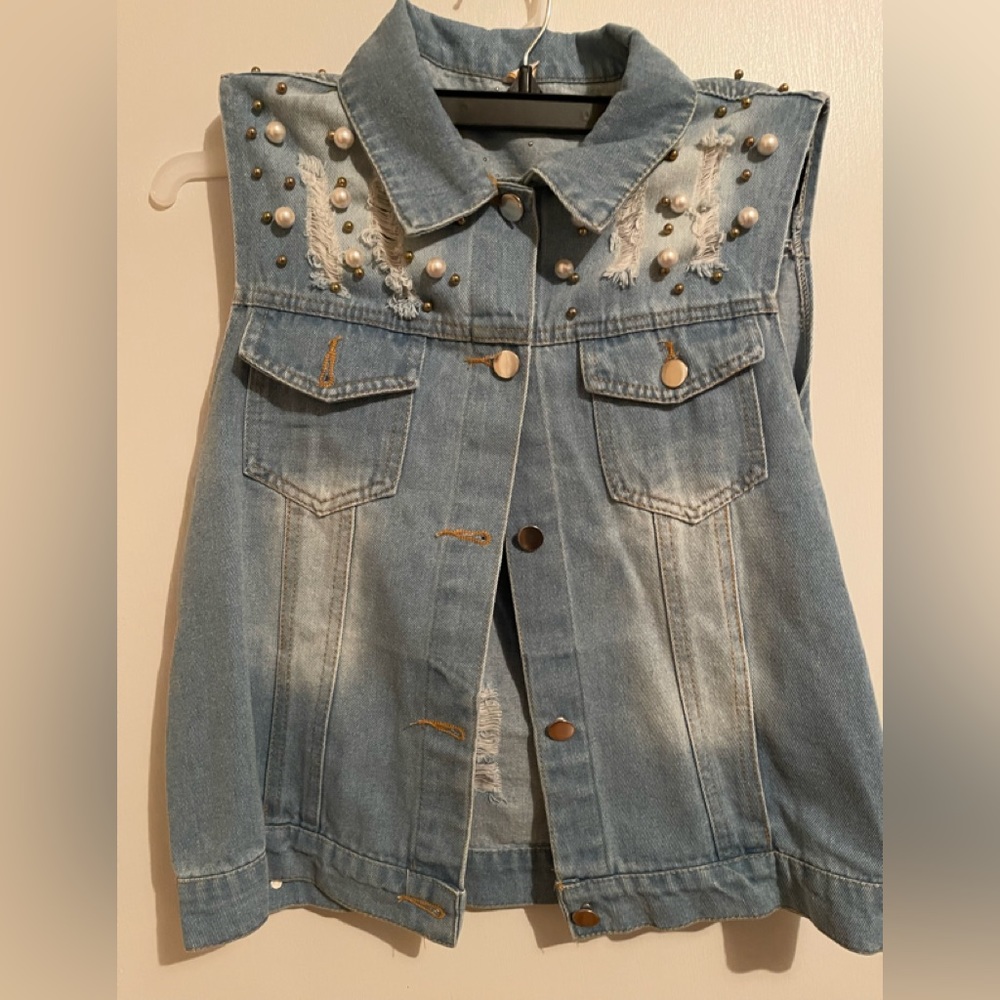 Pearl studded Jean Jacket Vest